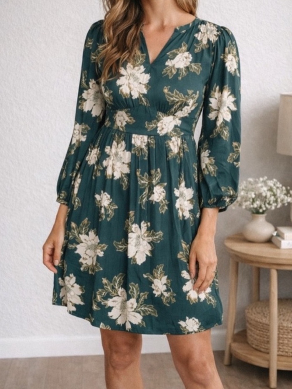 LOFT Green Floral Long-Sleeve Dress